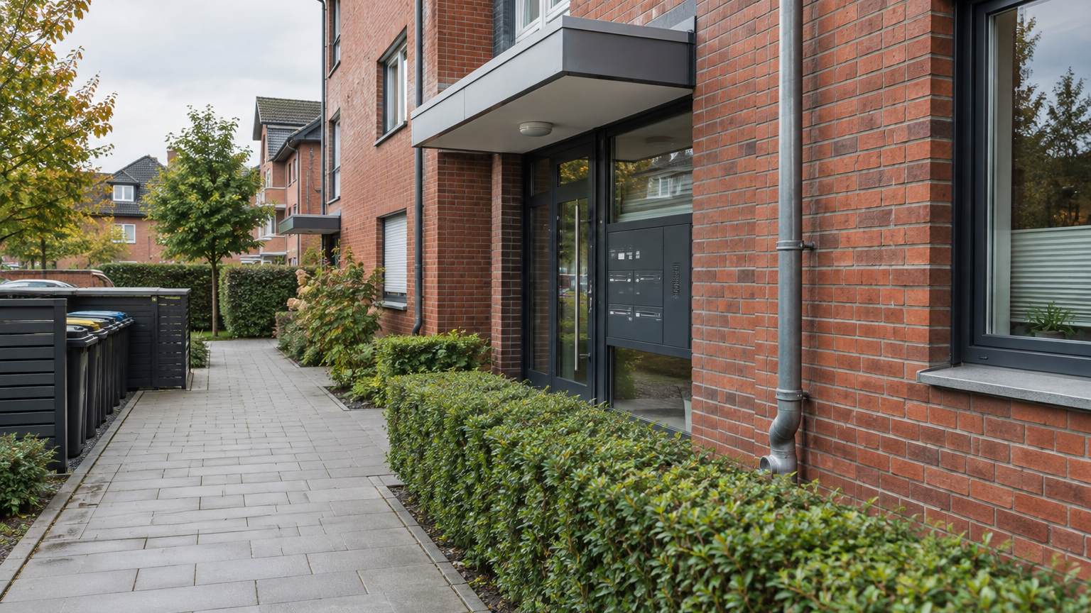 Gepflegter Eingangsbereich eines Mehrfamilienhauses mit gekehrtem Weg und geschnittener Hecke